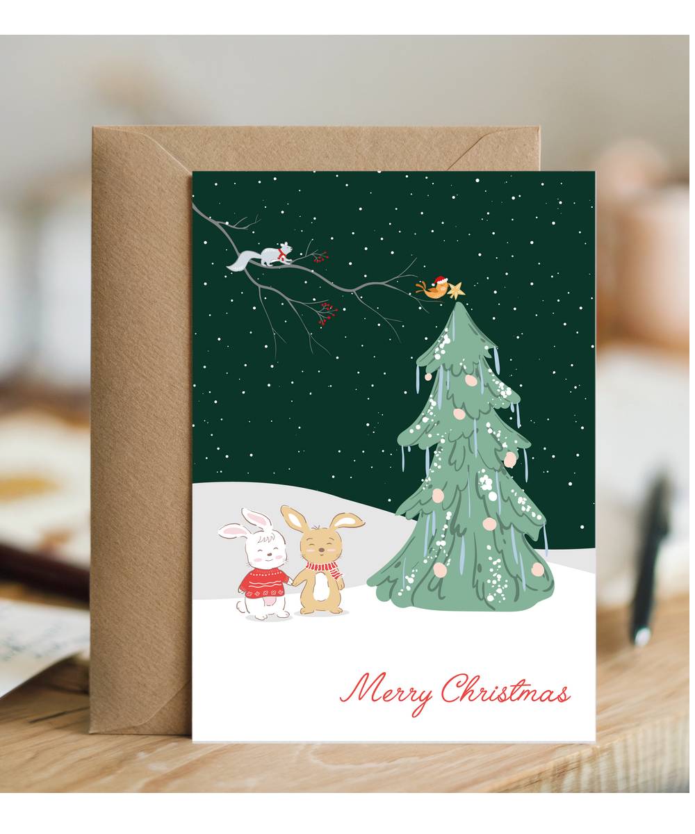 Merry Christmas Card Woodland Animals Decorating Snowy Tree