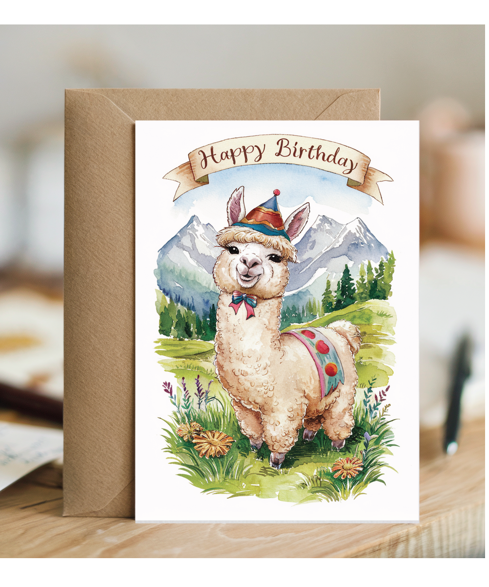 Happy Birthday cute alpaca watercolour