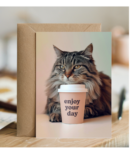 Enjoy Your Day with Cat with Coffee Cup