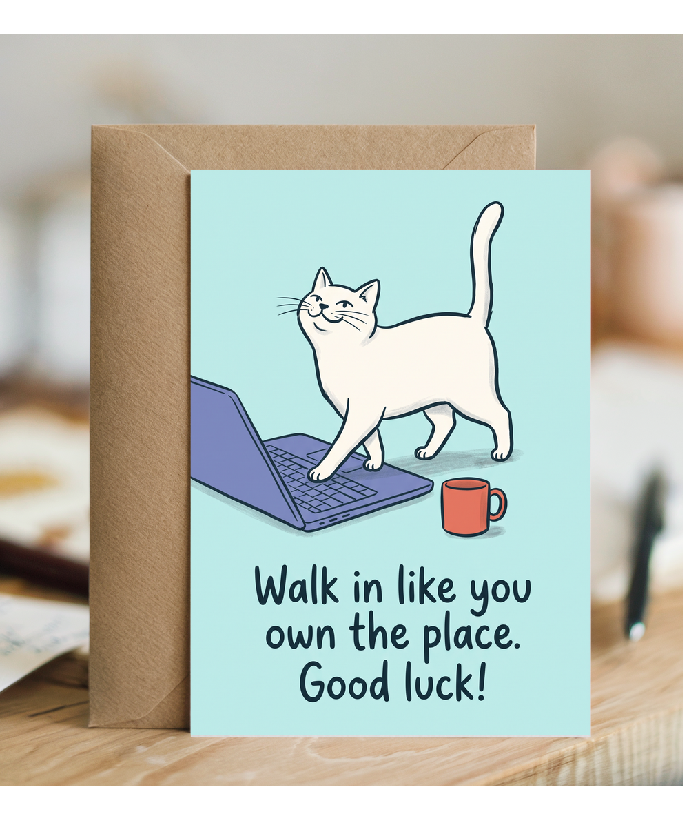 New Job Card for Colleague, Confident Desk Cat