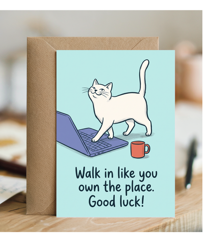 New Job Card for Colleague, Confident Desk Cat