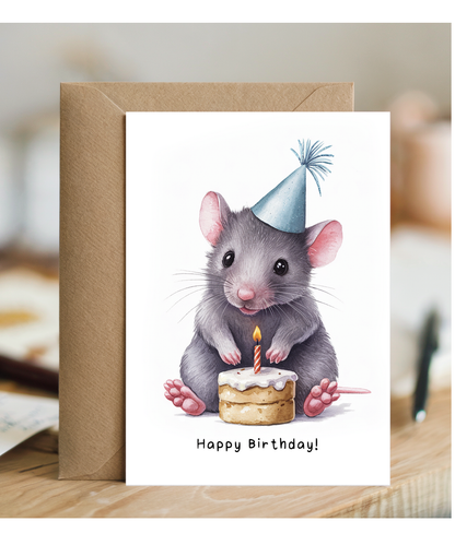 Baby Mouse Birthday Card Adorable Animal Watercolour Illustration