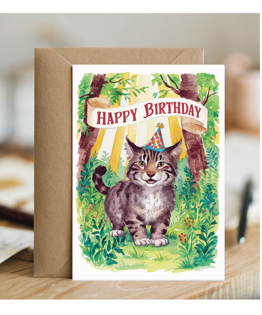Happy Birthday cute wildcat watercolour