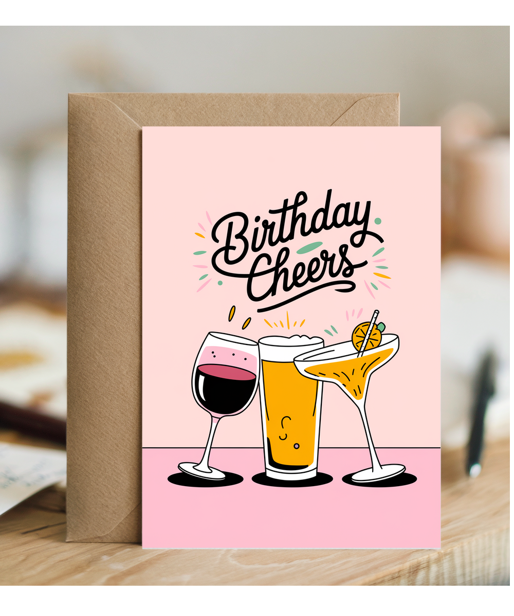 Birthday Cheers Card for her wine, beer, and cocktail pink
