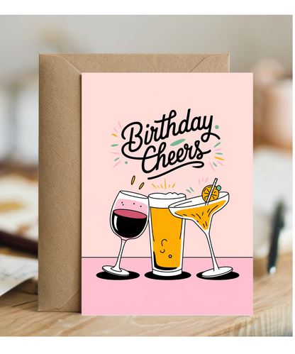 Birthday Cheers Card for her wine, beer, and cocktail pink