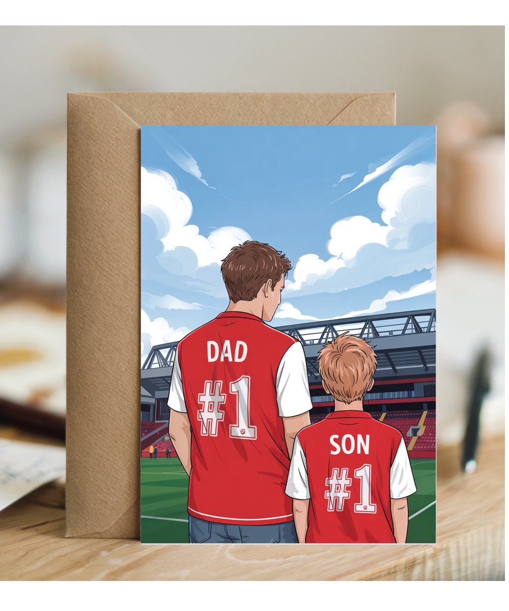 football red and white number one dad and son