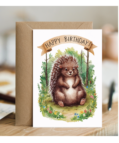 Happy Birthday cute porcupine watercolour