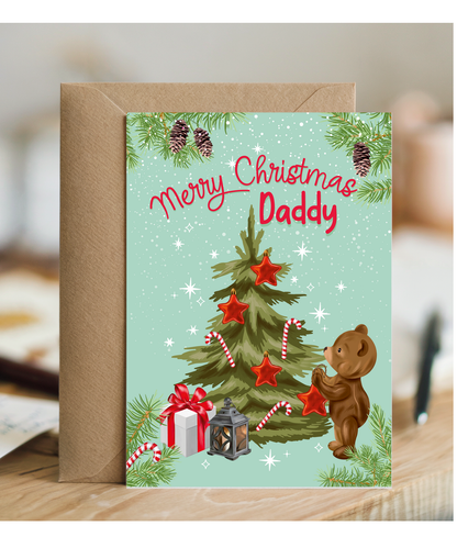 Merry Christmas Card for Daddy from Baby Bear Christmas Tree Decorating