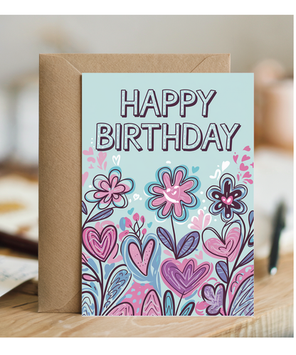 Happy Birthday Card bouquet flowers with hearts