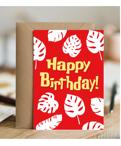 Happy Birthday Card for Best Friend Red Hawaiin Leaf Print