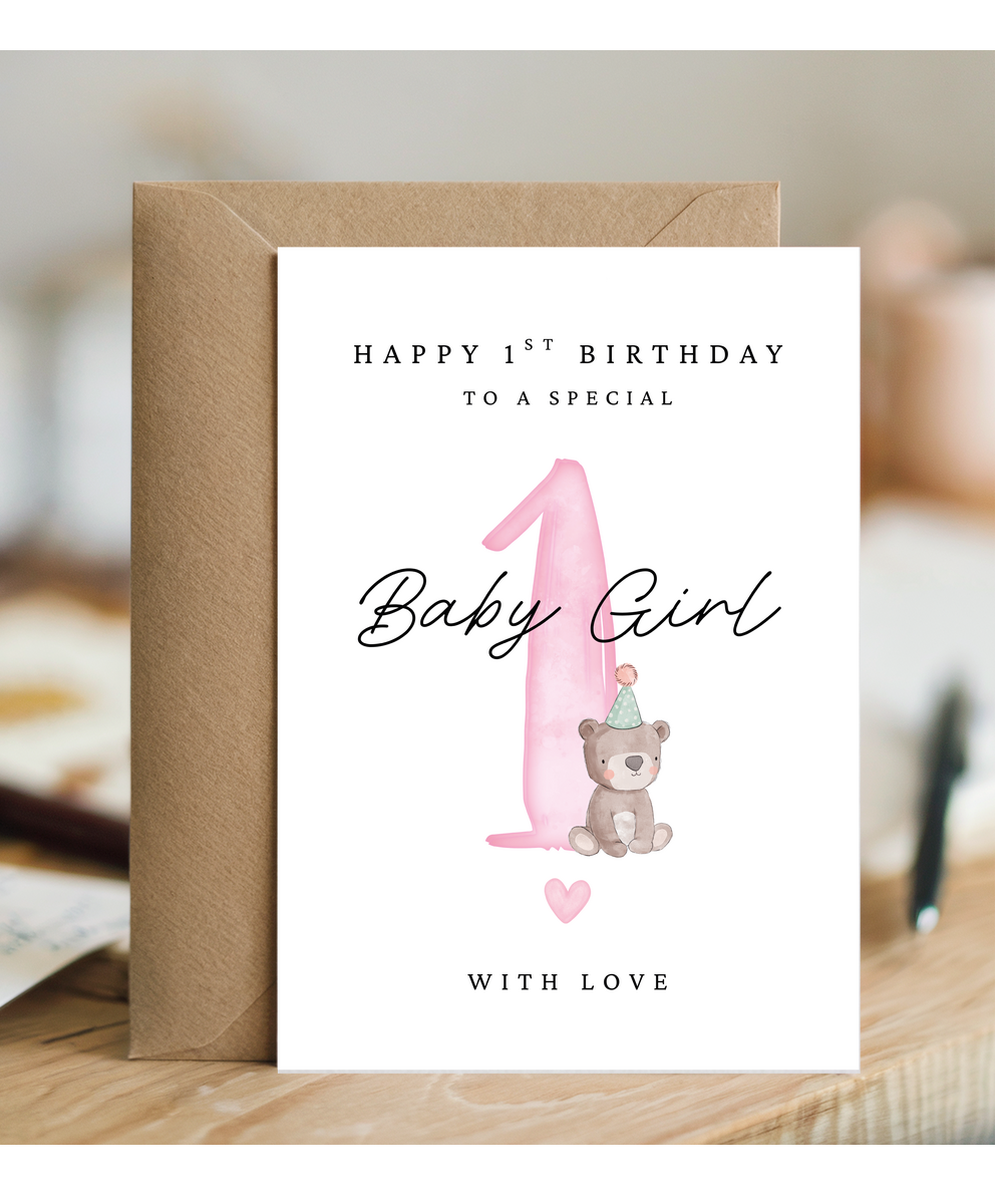 Happy 1st Birthday Card to a Special Baby Girl With Baby Bear