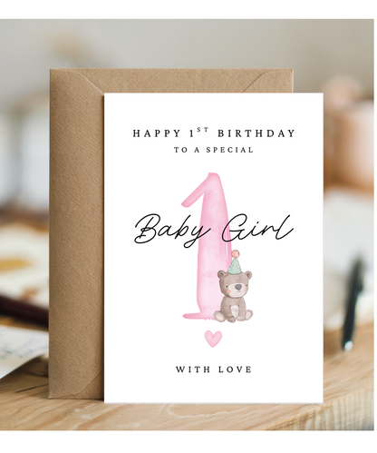 Happy 1st Birthday Card to a Special Baby Girl With Baby Bear