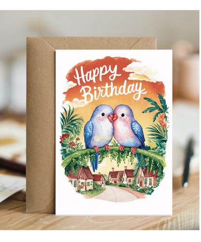 Happy Birthday cute two lovebirds watercolour