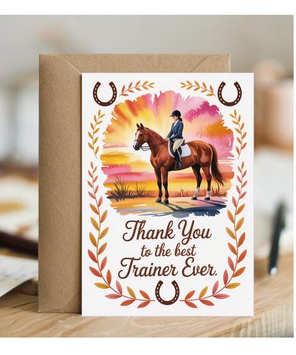 Thank You Card for Riding Instructor with Horse and Sunset