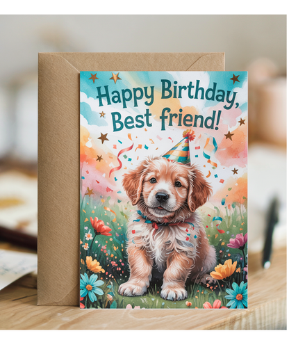 Happy Birthday card Best friend adorable Golden Retriever puppy