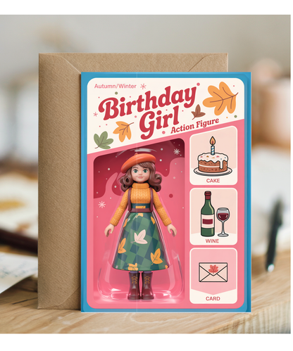 Happy Birthday card autumn and winter birthday girl action figure