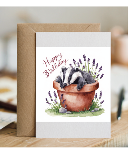 Happy Birthday cute badger plant pot lavender watercolour