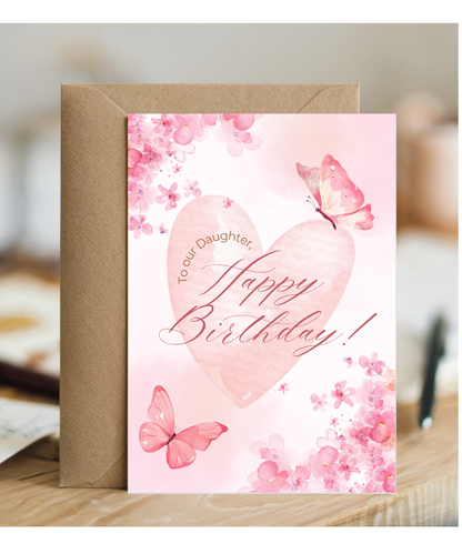 happy birthday card, to our daughter pink butterfly