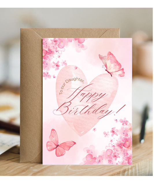 happy birthday card, to our daughter pink butterfly