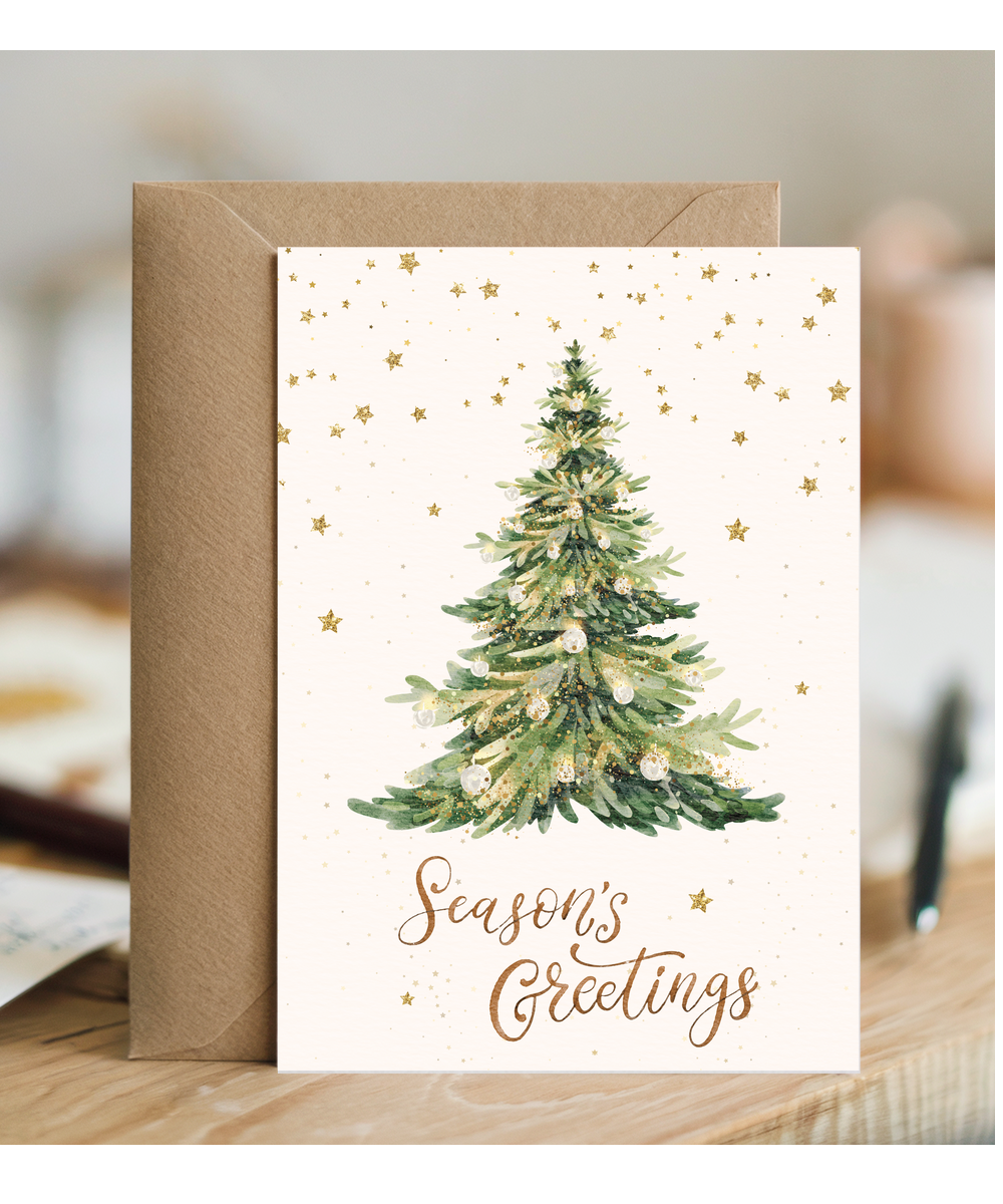 Season's greetings fake glitter effect watercolour Christmas tree