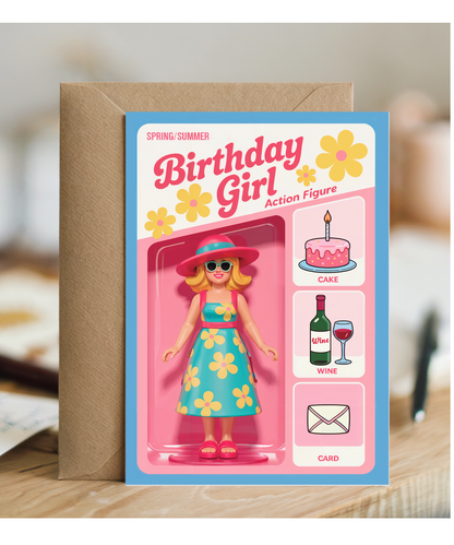 Happy Birthday card spring and summer birthday girl action figure