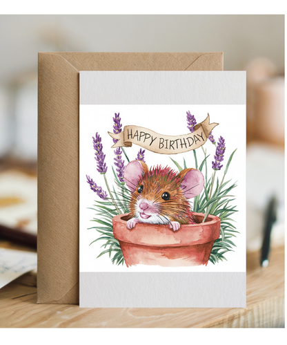 Happy Birthday cute mouse plant pot lavender watercolour