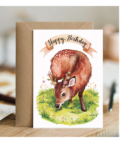 Happy Birthday cute musk deer watercolour
