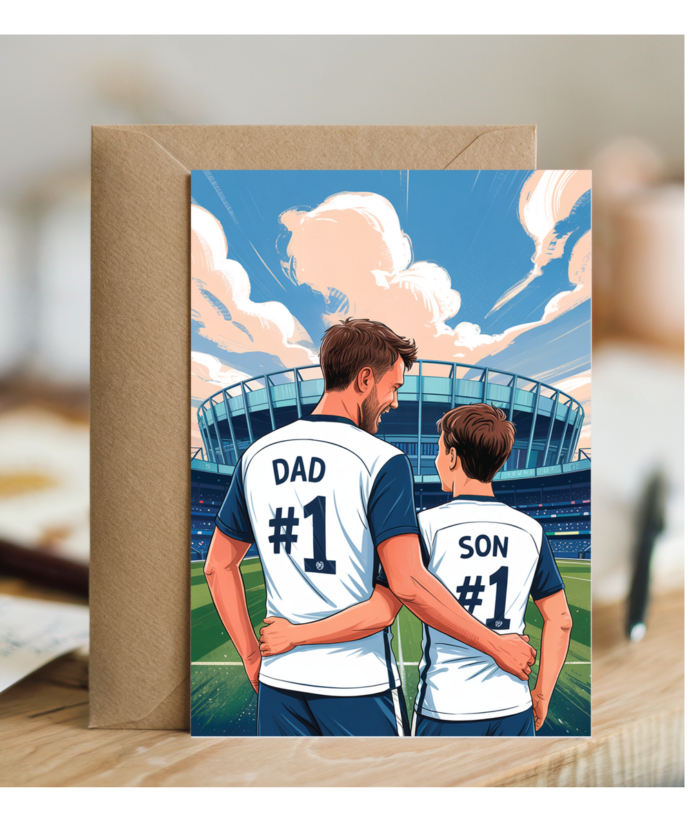 football white and blue number one dad and son