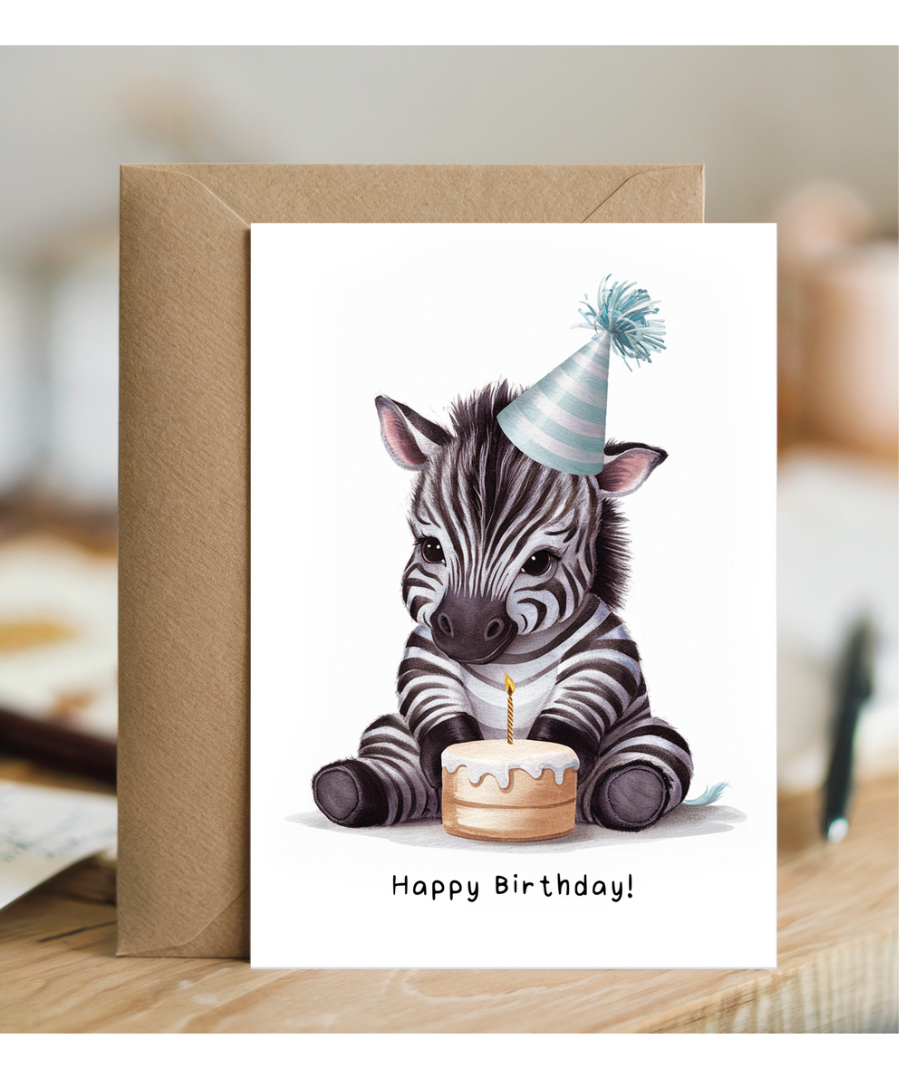 Baby Zebra Birthday Card Adorable Animal Watercolour Illustration