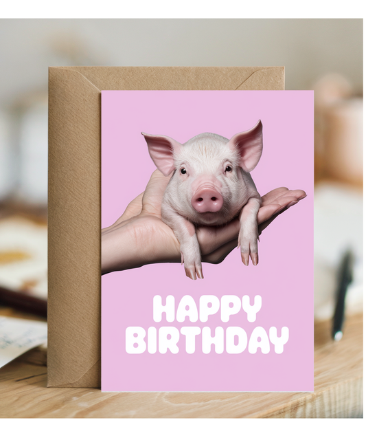Happy Birthday Card Mini Pig pink cute