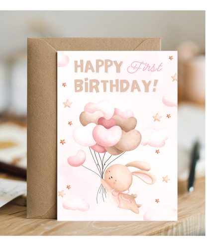 happy first birthday card pink balloons bunny