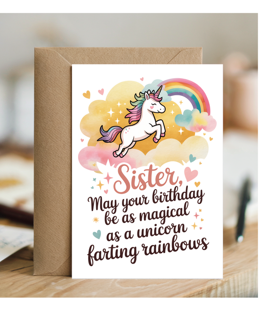 sister, may your birthday be as magical as a unicorn farting rainbows