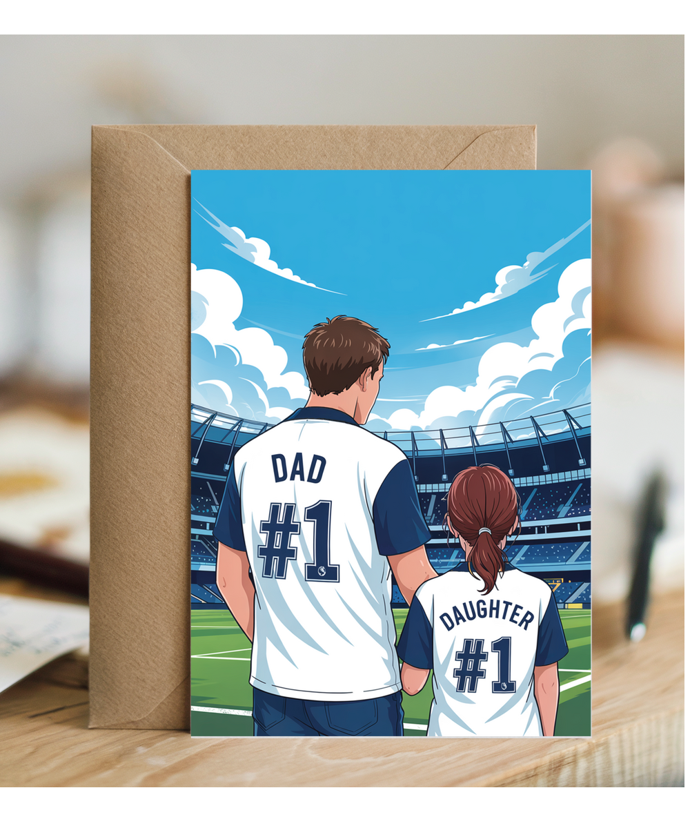 football white and blue number one dad and daughter