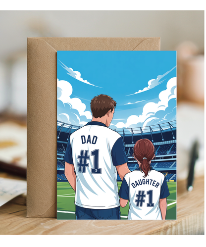 football white and blue number one dad and daughter
