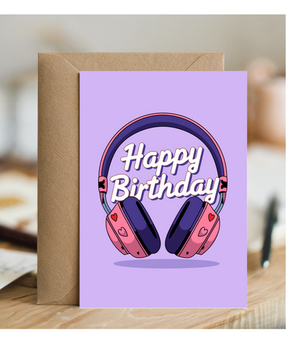 Happy Birthday Card headphones with heart