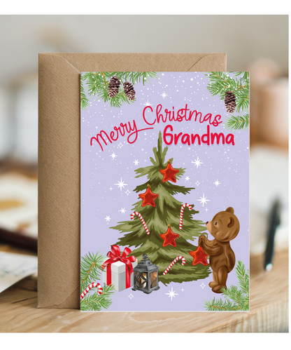 Merry Christmas Card for Grandma from Baby Bear Christmas Tree Decorating