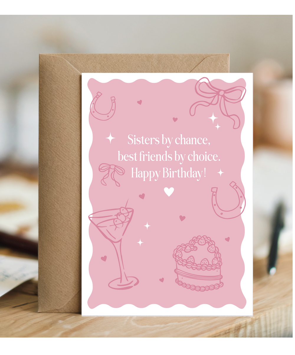 Happy Birthday card bows cake cocktails