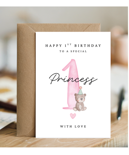 Happy 1st Birthday Card to a Special Princess With Baby Bear