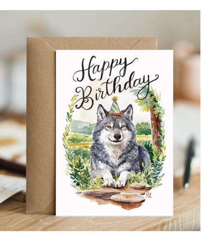 Happy Birthday cute wolf watercolour