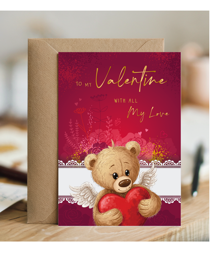 Cute Romantic Valentines Day Card To My Valentine With All My Love Cupid Teddy Bear