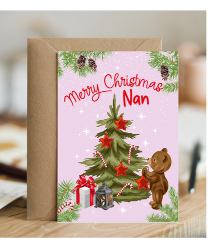 Merry Christmas Card for Nan from Baby Bear Christmas Tree Decorating
