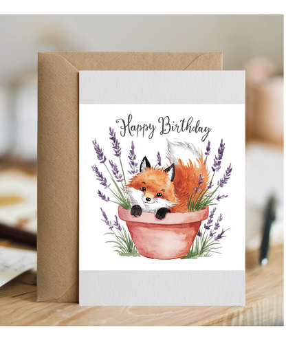 Happy Birthday cute fox plant pot lavender watercolour