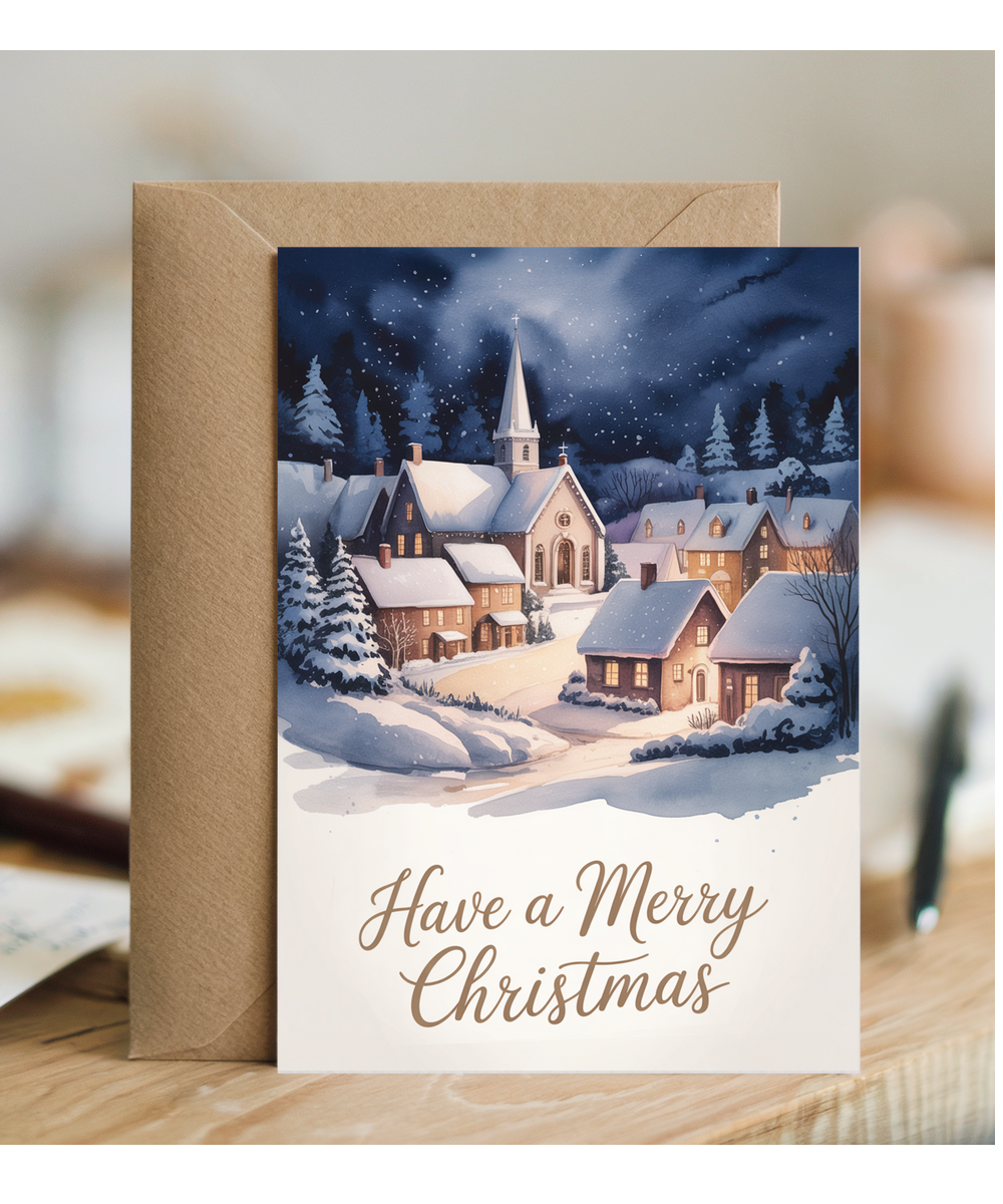 Have a merry Christmas snow village church watercolour