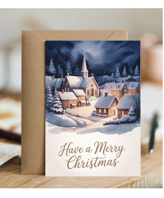 Have a merry Christmas snow village church watercolour