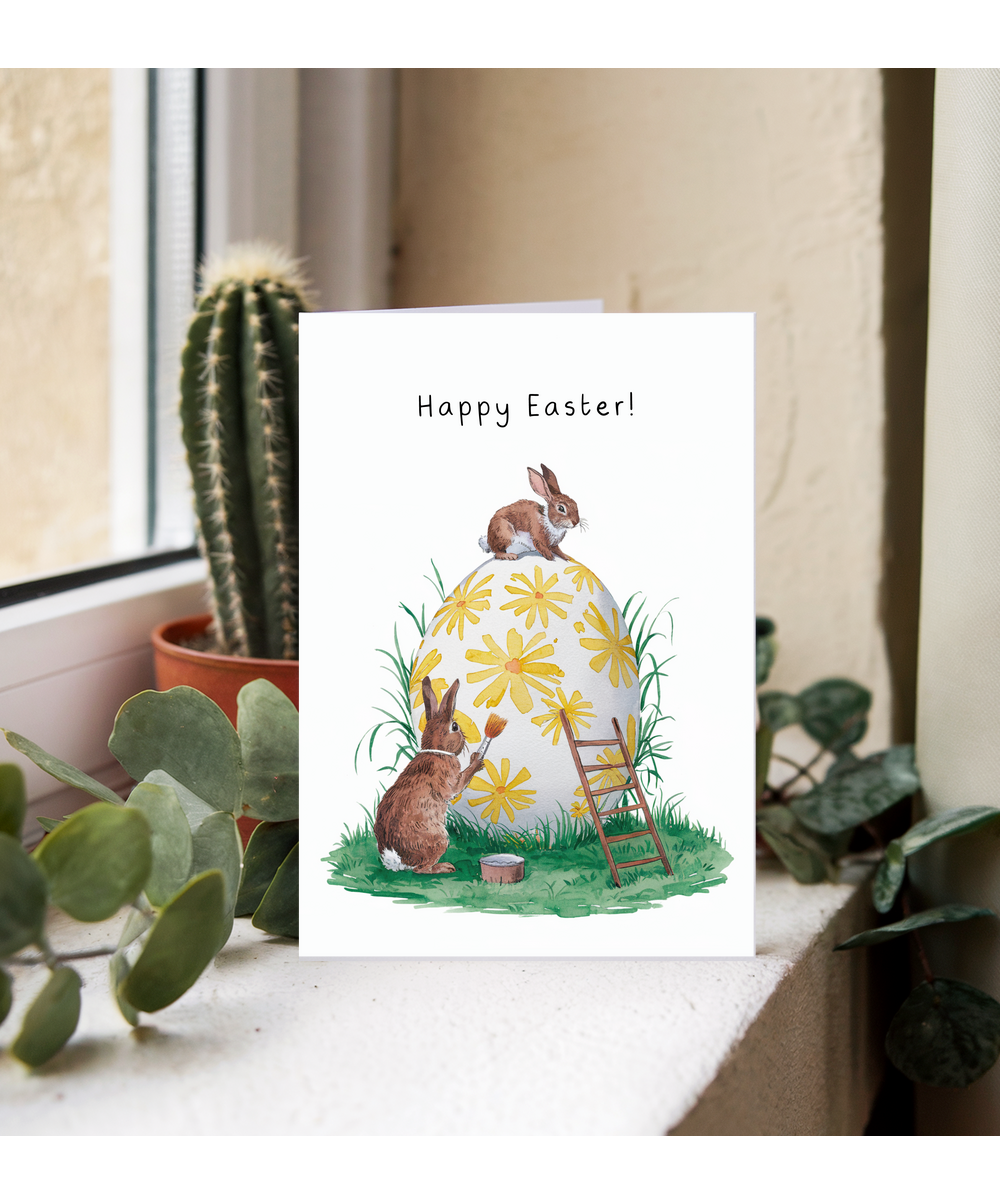 A Bunny Easter Card with Little Rabbits and Painted Eggs