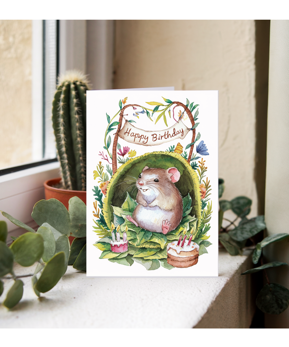 Happy Birthday cute mouse watercolour