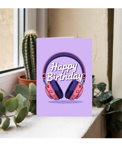 Happy Birthday Card headphones with heart