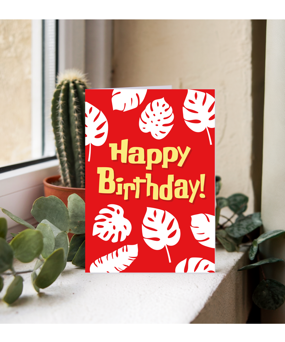 Happy Birthday Card for Best Friend Red Hawaiin Leaf Print