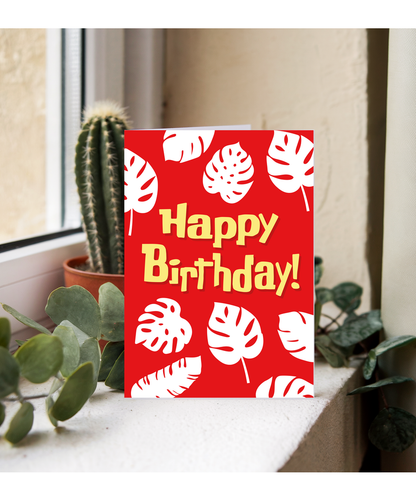 Happy Birthday Card for Best Friend Red Hawaiin Leaf Print