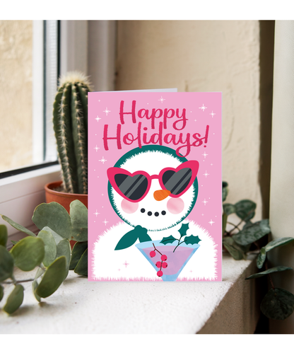 Christmas Card Happy Holidays with Classy Snow Woman and a Cocktail